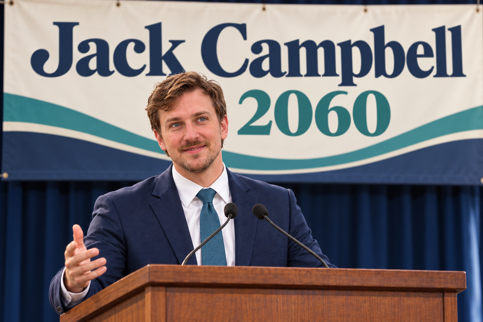 Imagined candidate Jack Campbell speaking at a podium in front of his 2060 campaign banner